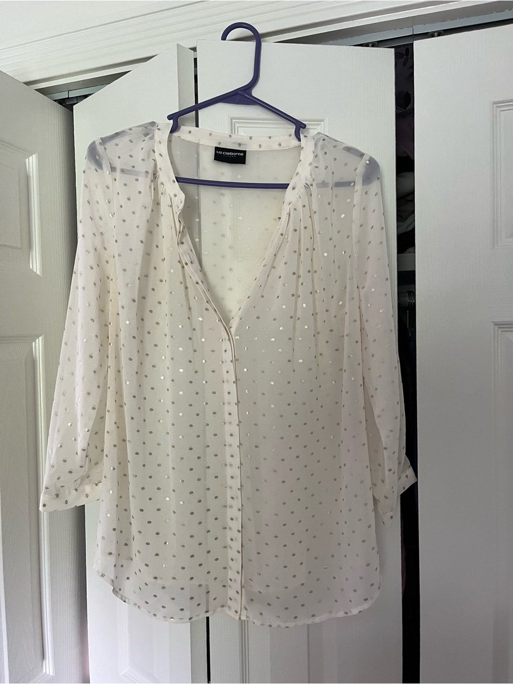 Liz Claiborne Cream Sheer Blouse with Gold Metallic Dots
